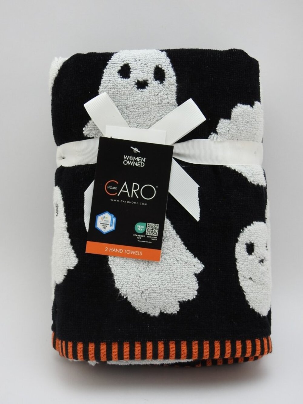 Halloween Ghost Hand Towels Set of 2 Black White Orange NWT Caro